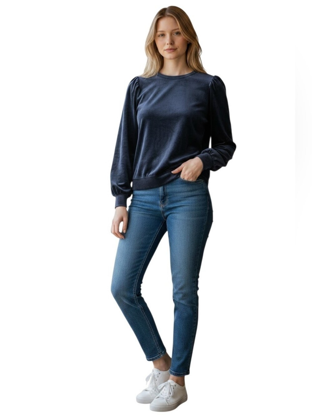 Loft Navy Velour Draped Sleeve Top SZ M
